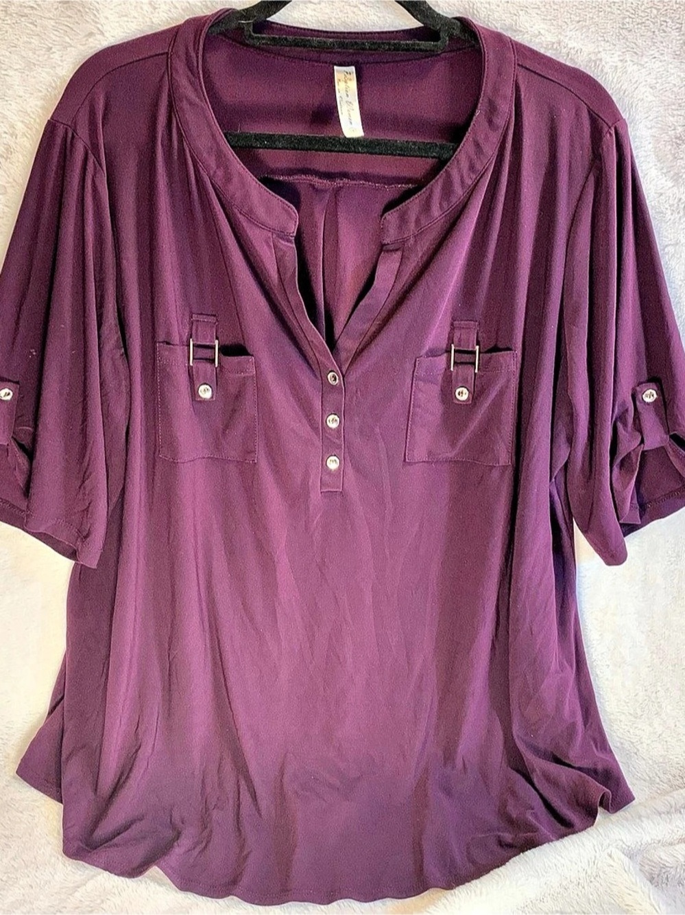 Perseption Women Plum Purple V-Neck Top Blouse Gold Hardware 1XL